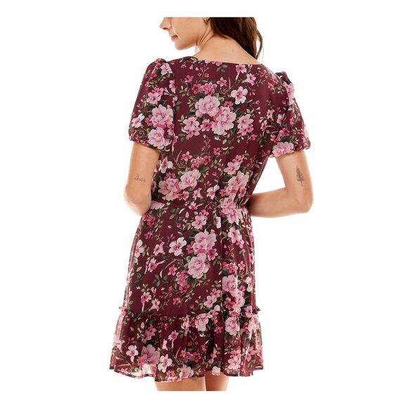 CRYSTAL DOLLS Womens Tie Pouf Sleeve V Neck Short Party Fit + Flare Dress - Picture 2 of 4